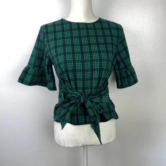 Good Luck Gem Tops - Good Luck Gem Emerald Green Plaid Flannel Ruffle Tie Blouse